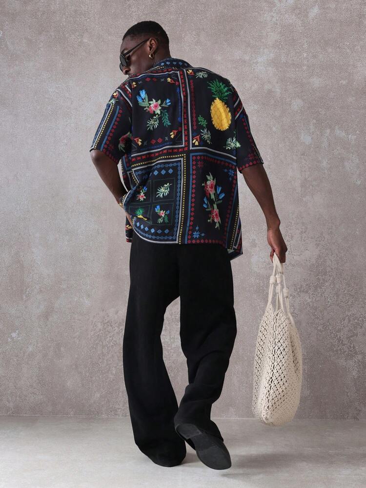 Short Sleeve Button Down Floral Pineapple Print Retro Casual Shirt