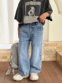 SHEIN Jeans di jeans casual a vita larga stile lavato in pietra per ragazzi, abiti estivi/primaverili per uso quotidiano per bambini