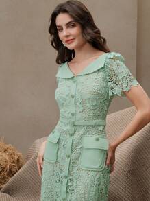 Anewsta Women Lace Trim Waist Tie Midi Dress, Short Sleeve, Elegant Summer - Aqua Green - View 3