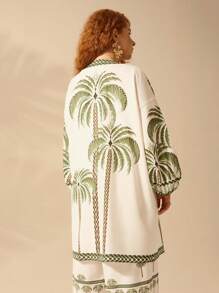 CAJUNI Kimono para cubrir talla grande de mujer de manga linterna con estampado de árbol de coco para la playa, vacaciones de estilo boho, verano tropical y casual
