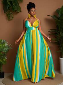 Maweii Plus Size Women's Striped Waist Cinching Maxi Strap Dress - Green - View 1