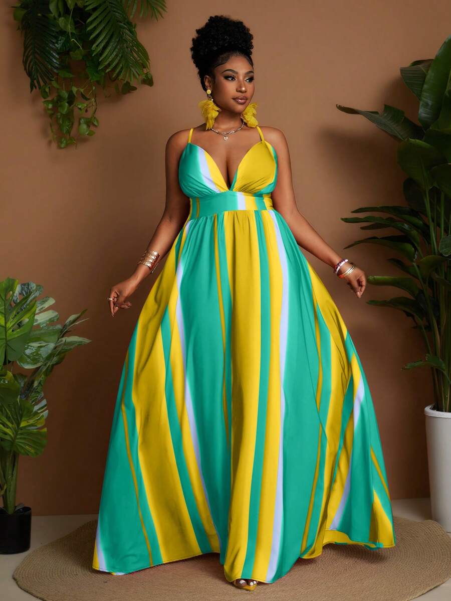 Maweii Plus Size Women's Striped Waist Cinching Maxi Strap Dress - Green - View 1