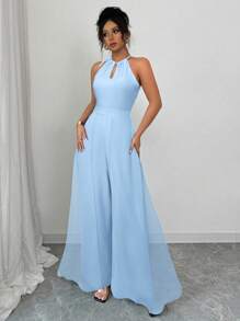 Elenzga Elegant Commuting Green Halter Tie-Up V-Neck Cinched Waist Sheer Hem Chiffon Jumpsuit For Women - Blue - View 4