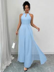 Elenzga Elegant Commuting Green Halter Tie-Up V-Neck Cinched Waist Sheer Hem Chiffon Jumpsuit For Women - Blue - View 5