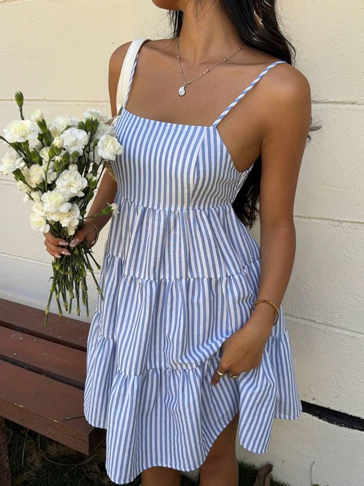 MainGRL Vestido Camisole Tecido de Listras Azul para Mulheres - Lavagem clara - Visão 1