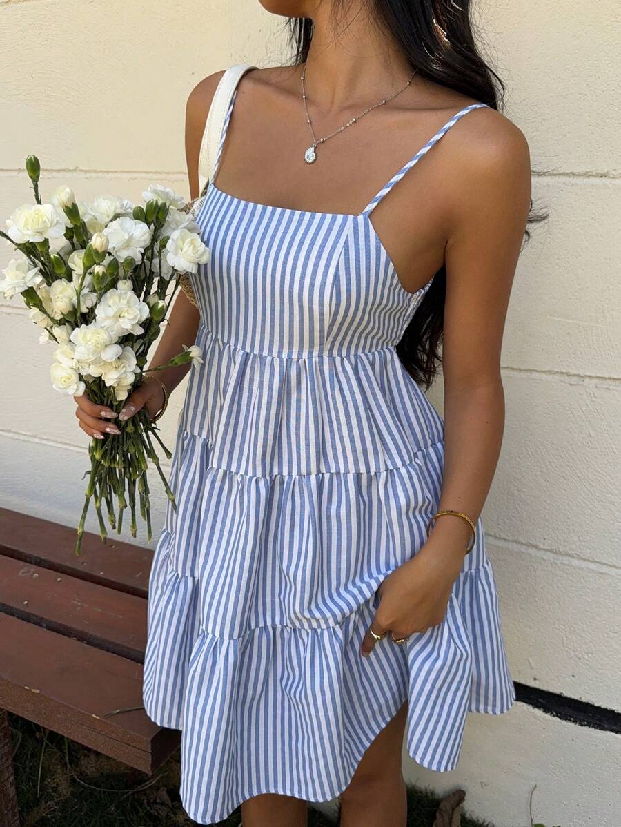 MainGRL 女士蓝色条纹梭织吊带背心连衣裙 - 淺色水洗藍 - 查看 1