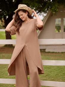 LanaWest Top cu mâneci mijlocii și pantaloni lungi, cu gât rotund și pantaloni lungi, set casual de primăvară/vară - Maro - Vizualizare 3