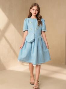 Tween Girl Elegant Party Summer Blue Plaid Dress,Back-To-School Knitted Raglan Sleeve Patchwork White Fabric Gold Button Accent A-Line Princess Dress - Blue - View 4