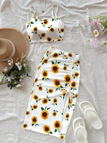 Soleia Set de fuste cu șnur înalt pentru camisole și șnur pentru femei, potrivite pentru vară, vacanță, floarea soarelui și imprimeu floral