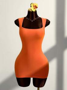 Amplova Women's Orange Knitted Mini Dress: Sleeveless, Square Neck, Backless, And Semi-Sheer Bodycon Dress For A Stylish Look