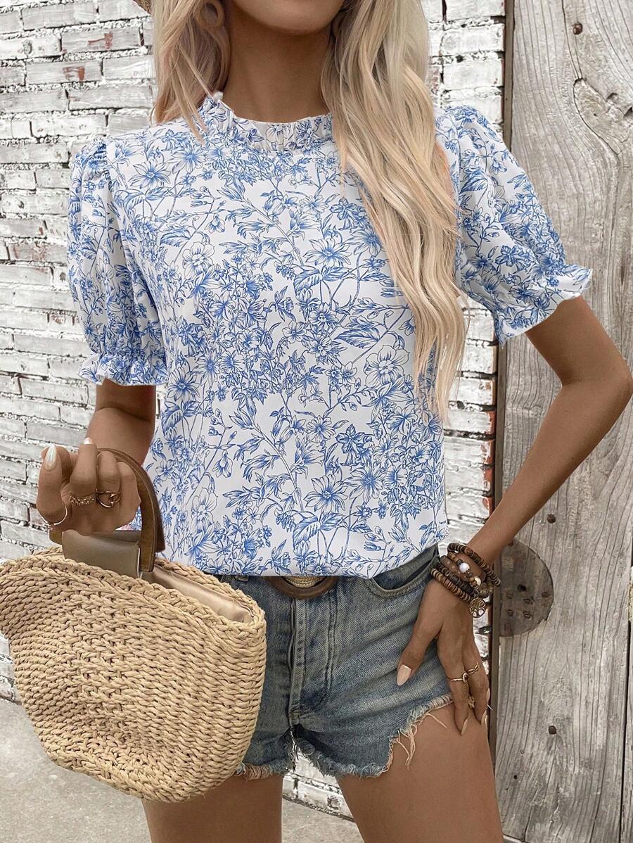 EMERY ROSE Flower Printed Frill Collar Puff Sleeve Casual Blouse - Multicolor - View 1