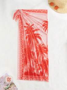 SHEIN Swim 1pc Women's Coconut Tree Mesh Maxi Dress With Belted Waist, Tropical Boho Casual Beach Wear - Orange - View 2