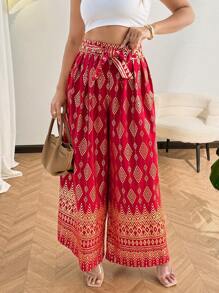 SHEIN Clasi Plus Size Women Elegant Golden Foil Geometric Print Wide Leg Pants - Red - View 6