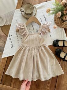 LMoss Kids 女宝宝可爱夏季蝴蝶结镂空杏色盖袖连衣裙 - 杏色 - 查看 9