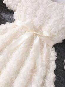 青少年女孩纯色泡泡袖 3D 花卉优雅中长连衣裙（配腰带），夏季 - 杏色 - 查看 6