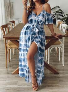 SHEIN VCAY Plus Size Women Batik Dyeing Blue And White Strap V-Neck Off Shoulder Short Sleeve A-Line Dress, Suitable For Beach, Island, Boho, Hippie, Music Festival, Vacation Coconut Girl Summer Outfits For Women Country Concert Outfit Beach Outfits For Woman Graduation Outfit Beach Vacation Outfits  Brunch Outfits For Women Western Clothes For Women Cowgirl Outfit  Airport Outfit For Women  City Break Outfits Holiday Outfits Old Money European Summer Outfit  Off The Shoulder Dress Light Blue Dress Navy Blue Dress Navy Blue Dress Women Boho Dress Women - Blue and White - View 3