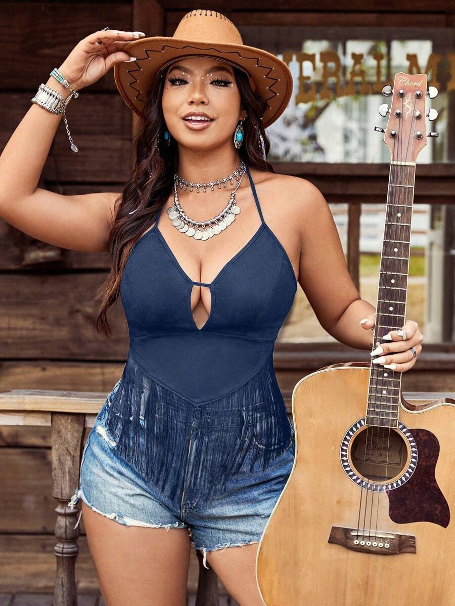 SHEIN LUNE Top sin espalda con cuello de halter con flecos en tela para mujer talla grande - Azul Marino - Ver 1