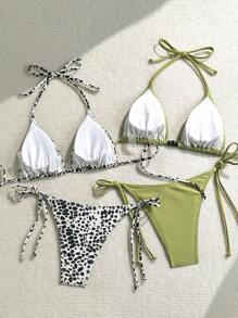 Soleia 4pcs/Set Women Swimsuit, Leopard Print Pattern Retro Romantic Elegant Sexy Party Solid Color, Includes Halter-Neck Swimsuit Top And Tie-Side Bikini Bottom - Multicolor - View 2