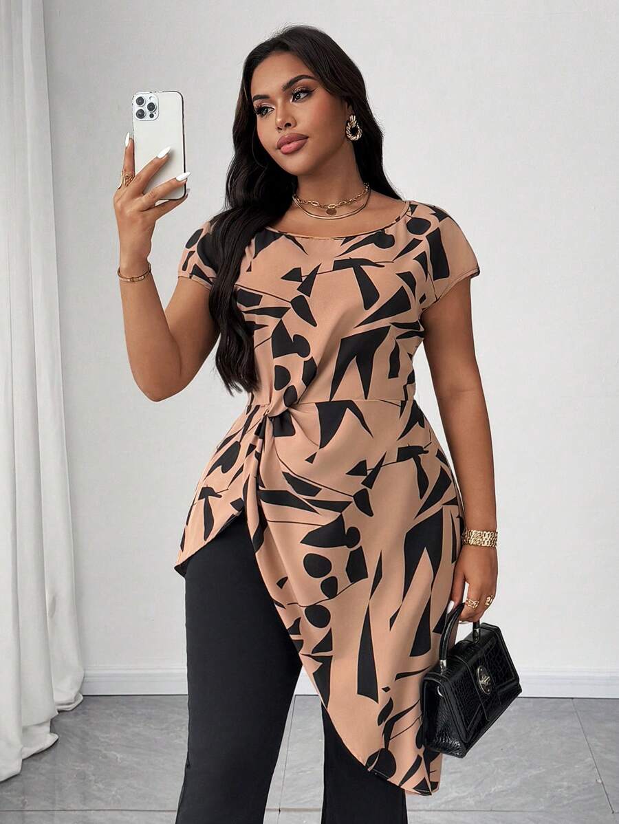 Maweii 大码女式不对称下摆扭腰休闲度假几何印花圆领短袖衬衫