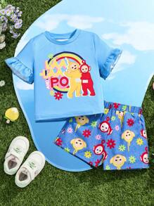 Teletubbies X SHEIN Young Girl Cartoon Rainbow Cute Ruffle Trim Blue Short Sleeve T-Shirt And Blue Denim Effect Shorts Set