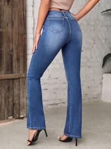 SHEIN Essnce Women's Button Fly Pocket Distressed Skinny Casual Versatile Denim Jeans - Medium Wash - View 2