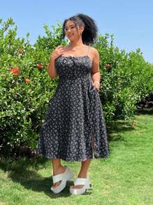 SHEIN EZwear Váy yếm dệt kim in hoa cỡ lớn cho nữ, mùa hè - Nhiều màu - Xem 6