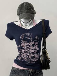 SHEIN EZwear Summer Graphic Tees Western Wear Women Navy Blue & Pink Patchwork - Navy Blue - View 3