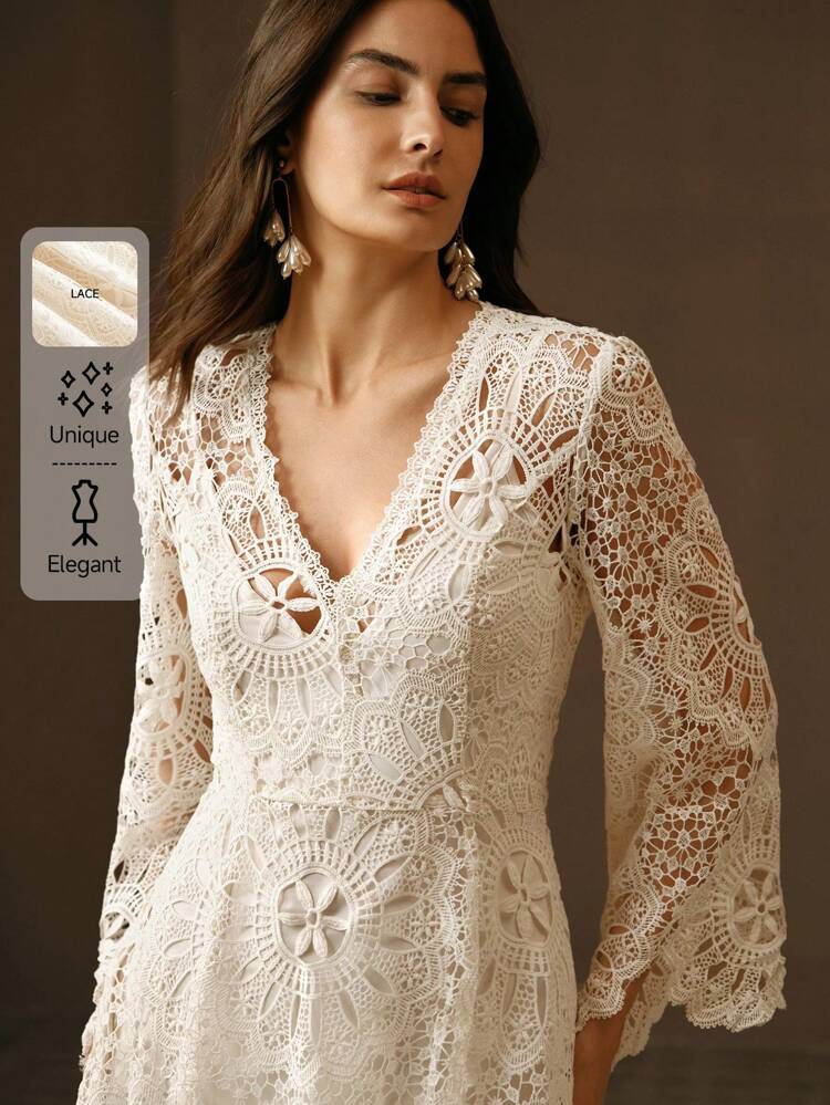 Solid Color Elegant Vacation V-Neck Milk Silk Hollow Floral Flare Sleeve A-Line Waist Gather Women Summer Dress, Spring Outfit, Wedding Guest, White, Festival, Holiday Lace Outfits For Women