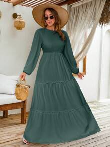 EURMUSE LANTERN LONG SLEEVE LAYERED LONG DRESS - Mint Green - View 6