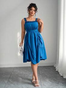 Elenzga 优雅休闲下午茶大码女式短款荷叶边吊带百褶连衣裙，蓝色 - 藍色 - 查看 3