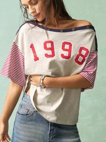 Bohemela Plus Striped & Number Print Asymmetrical Neck Tee - Apricot - View 3