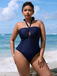 Swim Lushoire Elegant Plus Size Women Solid Color Ruched Halter One-Piece Swimsuit, Vacation For Summer - Navy Blue - View 1