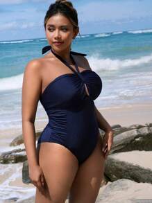 Swim Lushoire Elegant Plus Size Women Solid Color Ruched Halter One-Piece Swimsuit, Vacation For Summer - Navy Blue - View 4