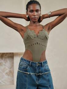 SHEIN LUNE Women Halterneck Form-Fitting Flower Embroidered Top Stretchy Sexy Camisole Bodysuit,Green Top,Summer Outfits For Women - Army Green - View 5