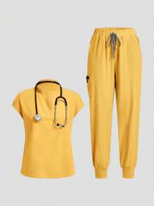 TaskEZ Conjunto de uniforme de scrubs con top de manga corta y pantalones de unicolor simple - Amarillo Mostaza - Ver 11