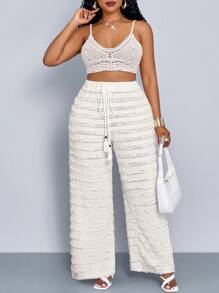 Maweii 大码女式纯色春夏度假时尚蕾丝面料流苏绳宽松阔腿裤，时尚长裤