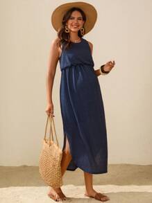 Boho Mama Váy bầu không tay màu trơn, thời trang cho mùa hè - Màu xanh hải quân - Xem 6