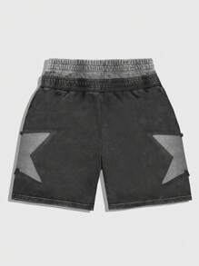 ROMWE MEN Street Life 男士复古休闲水洗撞色星星印花短裤 - 黑色 - 查看 2