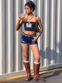 SHEIN Girlism Teen Girls Y2K Spring Summer Break Solid Washed Low Waist Ripped Raw Hem Denim Jeans Mini Shorts,Summer Boho Beach Concert Rave Festival Outfits