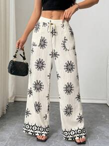 Chiquease Women's Flower Print Belted Loose Wide Leg Casual Pants Fall Cloth For Women