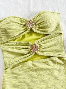 Soleia Vacation Sleeveless Hollow-Out Patchwork Metal Buckle Textured Fabric Fitted Mini Dress, Suitable For Vacation, Music Festival, Bohemian, Holiday Date, Afternoon Tea,Summer Dresses For Women - Mustard Yellow - View 5