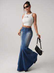 SHEIN ICON 女士渐变色口袋喇叭休闲牛仔裙 - 中等水洗藍 - 查看 4