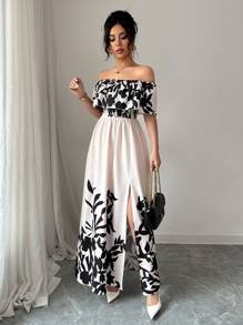 Rafferiza 法式优雅性感印花露肩开衩女式连衣裙 - 彩色 - 查看 4