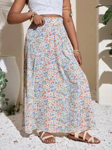 SHEIN Saia Midi Casual de Férias de Chiffon com Estampa Floral Miúda para Meninas Pré-adolescentes
