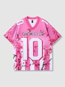 ROMWE MEN Prep 男士球衣足球花卉印花 V 领短袖 T 恤，休闲装，度假装，2000 年代风格 - 粉色 - 查看 2