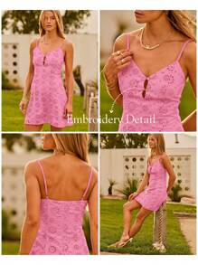 Aralina Vacation Women Boho Eyelet Embroidery Button Detail Spaghetti Strap Summer Mini Dress - Pink - View 10