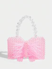 SHECARRY Bolso de playa elegante, dulce y de moda con cuentas y moño - Rosa - Ver 3