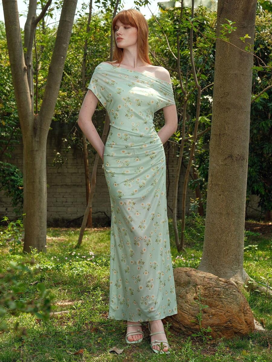Arave Vestido de verano con diseño floral margarita en estilo francés con volantes, fruncidos y detalles de malla