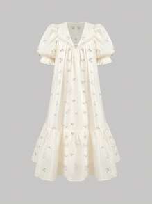 SHEIN MOD 女式V领短款泡泡袖碎花娃娃裙