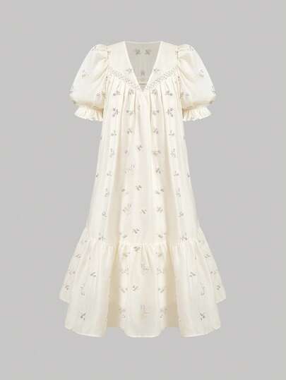 SHEIN MOD Women's V-Neck Short Puff Sleeve Ditsy Floral Babydoll Dress,Hawaii Outfits Women,Modest Dresses For Women,Vacation Dress,Sundresses For Women, Women Casual Dress, Women Plus Sun Dress